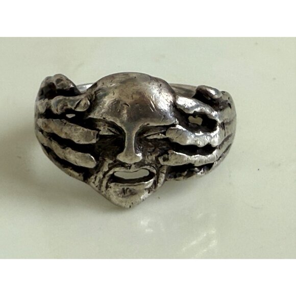 Vintage 90's Mens Sterling Silver Biker Ring Skull with hands Over Eyes Size 13 - Picture 13 of 16
